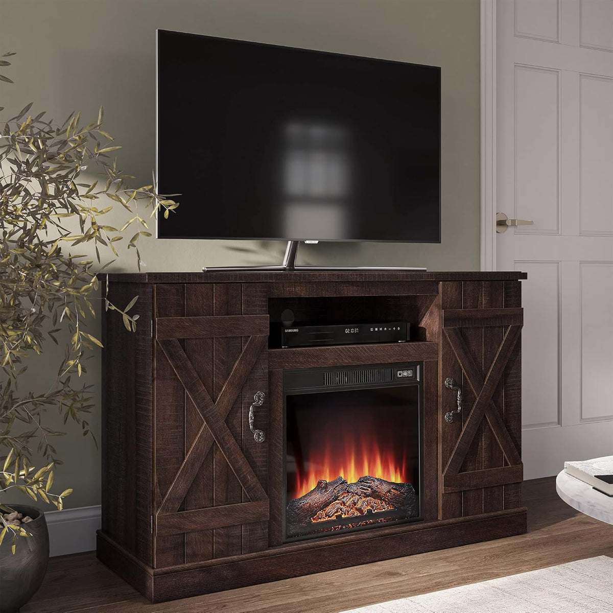 Industrial Electric Fireplace TV Stand with Open Storage Shelves A1213
