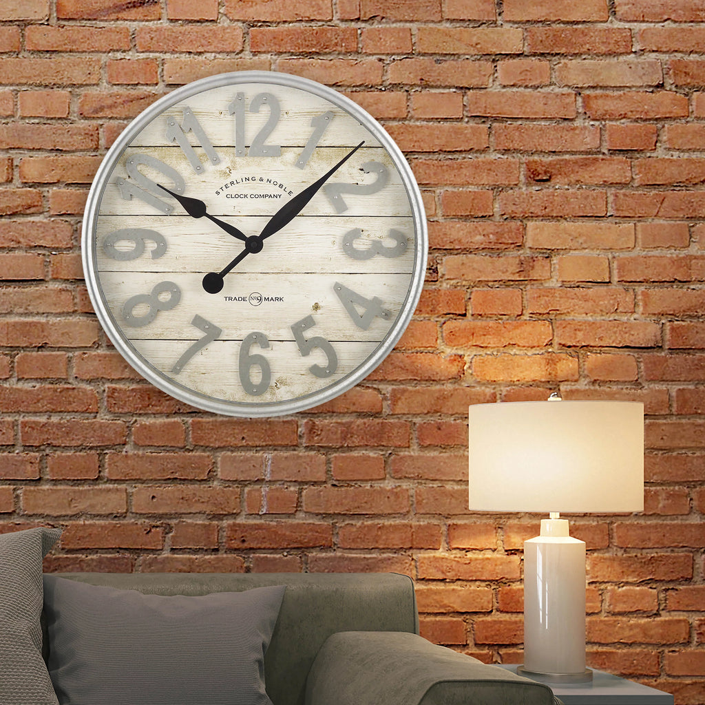 White and Galvanized Raised Analog Wall Clock U539