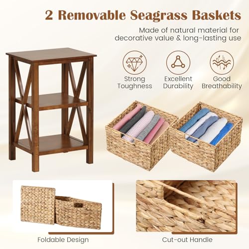 2-Tier Nightstand with Wicker Baskets Set of 2, Walnut U5975