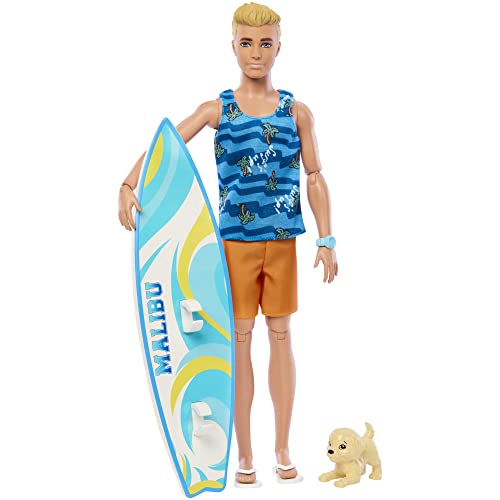 Poseable Blonde Ken Beach Doll with Surfboard and Pet Puppy H166