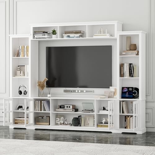 Grey 102" W Large Farmhouse TV Stand with Glass Doors E291