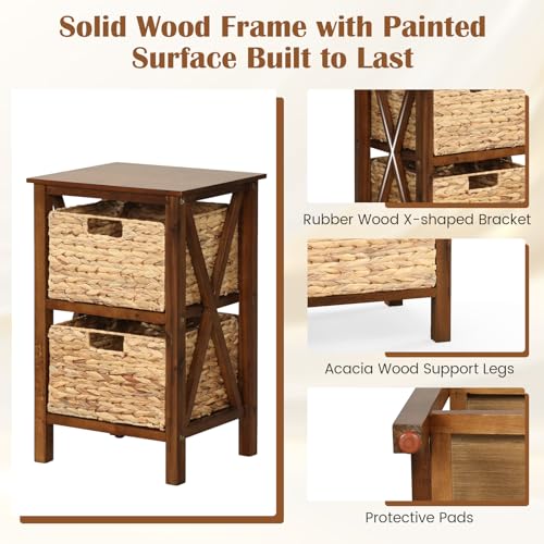 2-Tier Nightstand with Wicker Baskets Set of 2, Walnut U5975