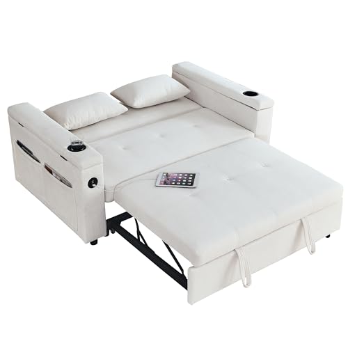 White Chenille 2-Seater Convertible Sofa Bed with USB Power Outlet Z80109