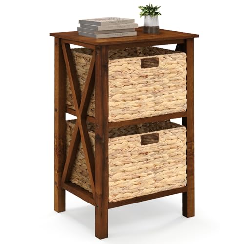 2-Tier Nightstand with Wicker Baskets Set of 2, Walnut U5975