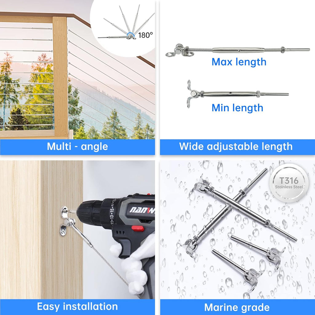 12 Set Cable Railing Kit 1/8 T316 Stainless Steel Turnbuckle Hardware A7457