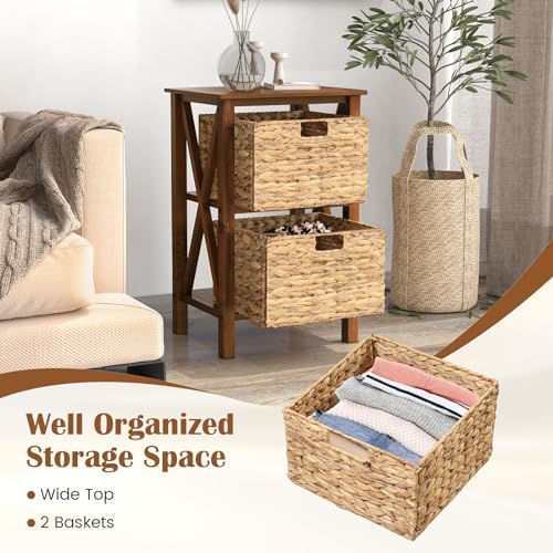 2-Tier Nightstand with Wicker Baskets Set of 2, Walnut U5975