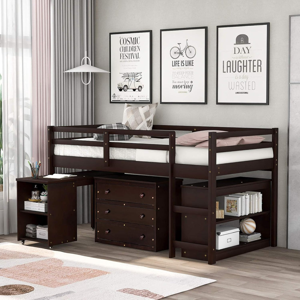 Twin Low Loft Bed with Desk and Cabinet Wooden Bed Frame X9988