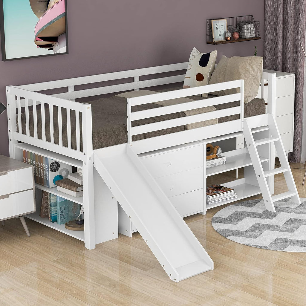 Twin Low Loft Bed with Desk and Cabinet Wooden Bed Frame X9988