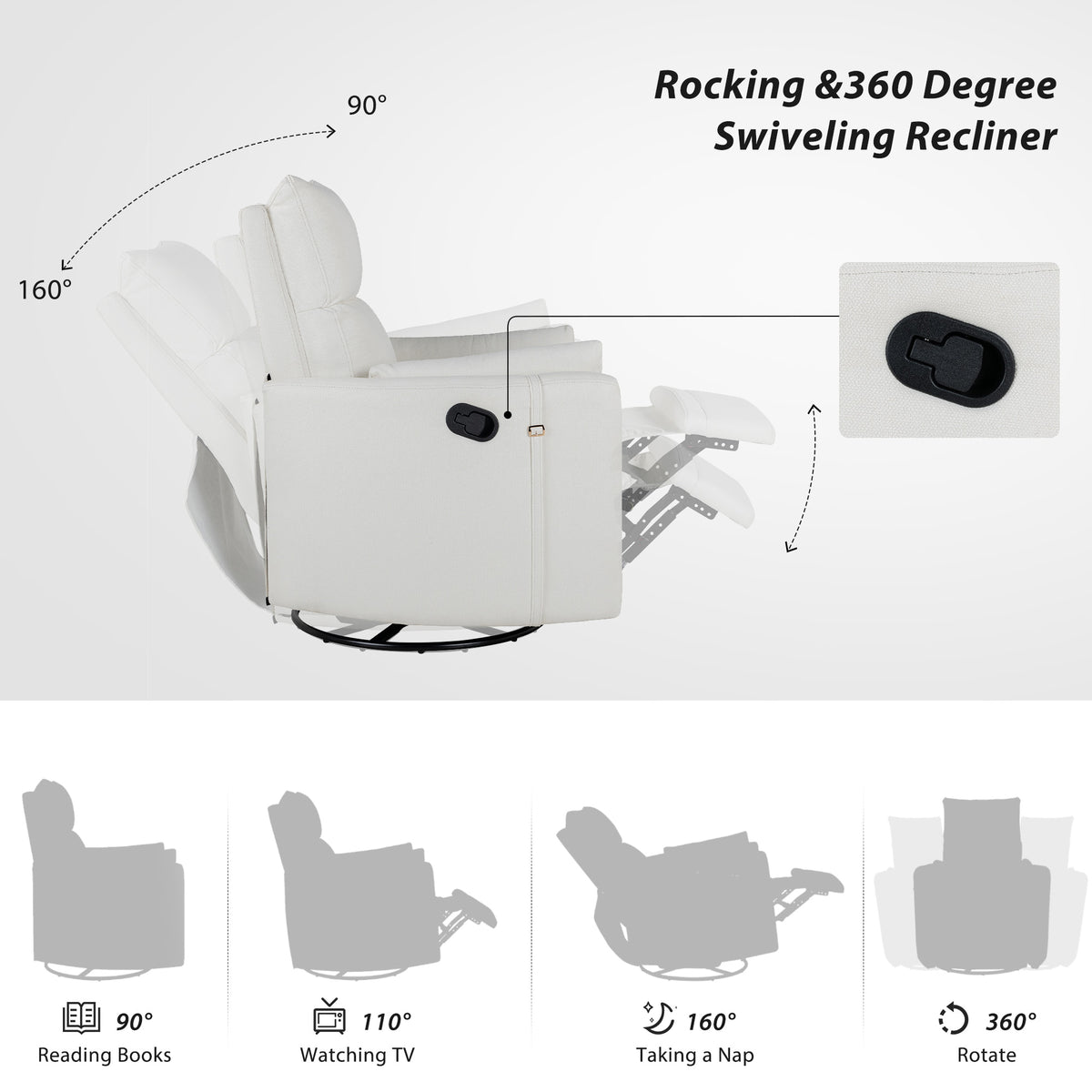 Beige Manual Swivel Glider Recliner Chair with Two Removable Pillows C420055