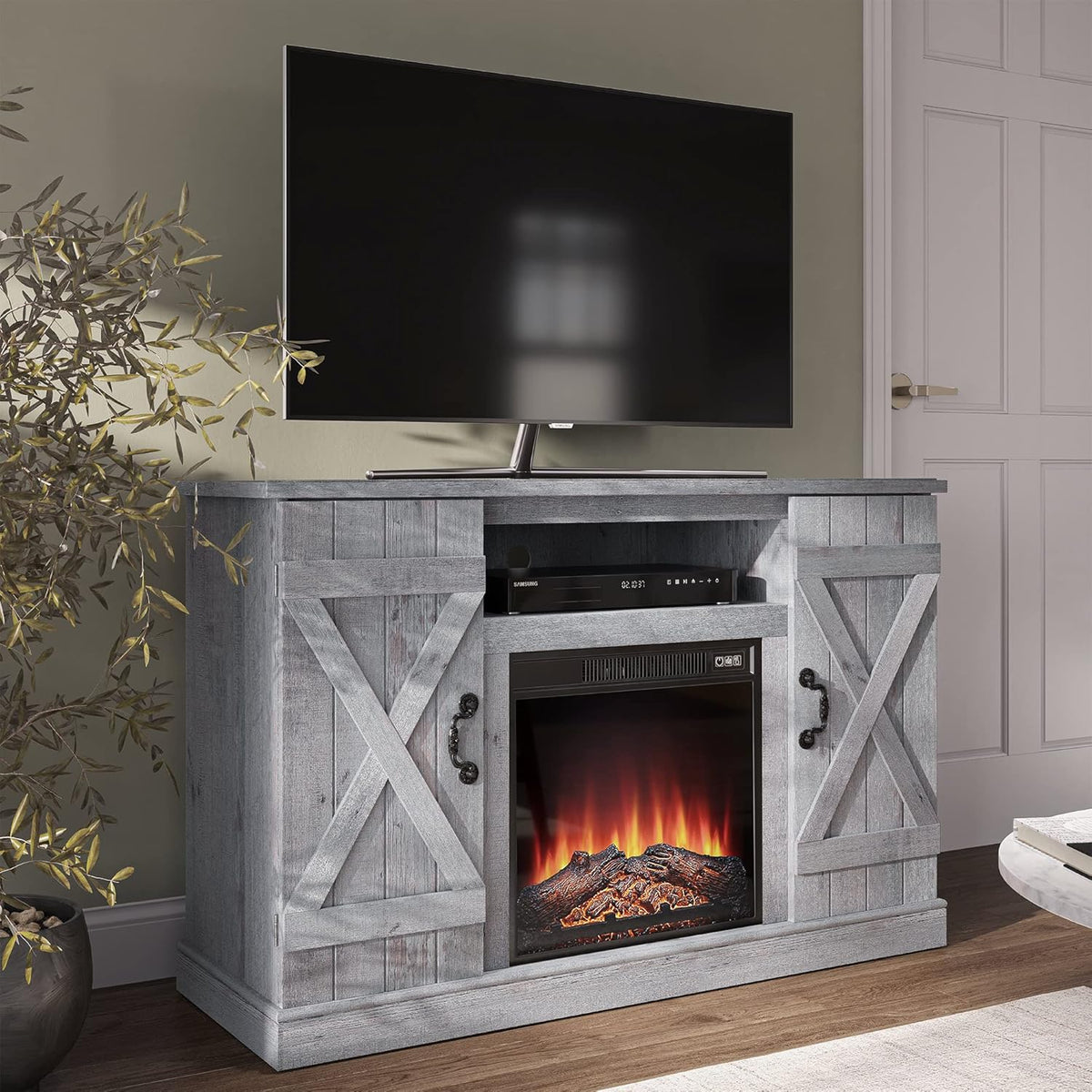 Industrial Electric Fireplace TV Stand with Open Storage Shelves A1213