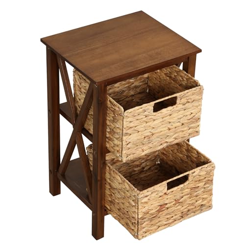 2-Tier Nightstand with Wicker Baskets Set of 2, Walnut U5975