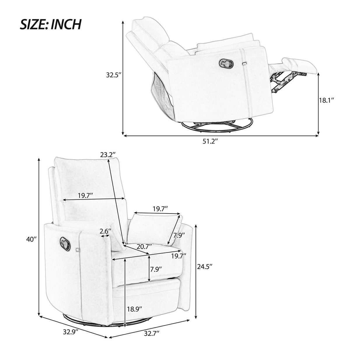 Beige Manual Swivel Glider Recliner Chair with Two Removable Pillows C420055
