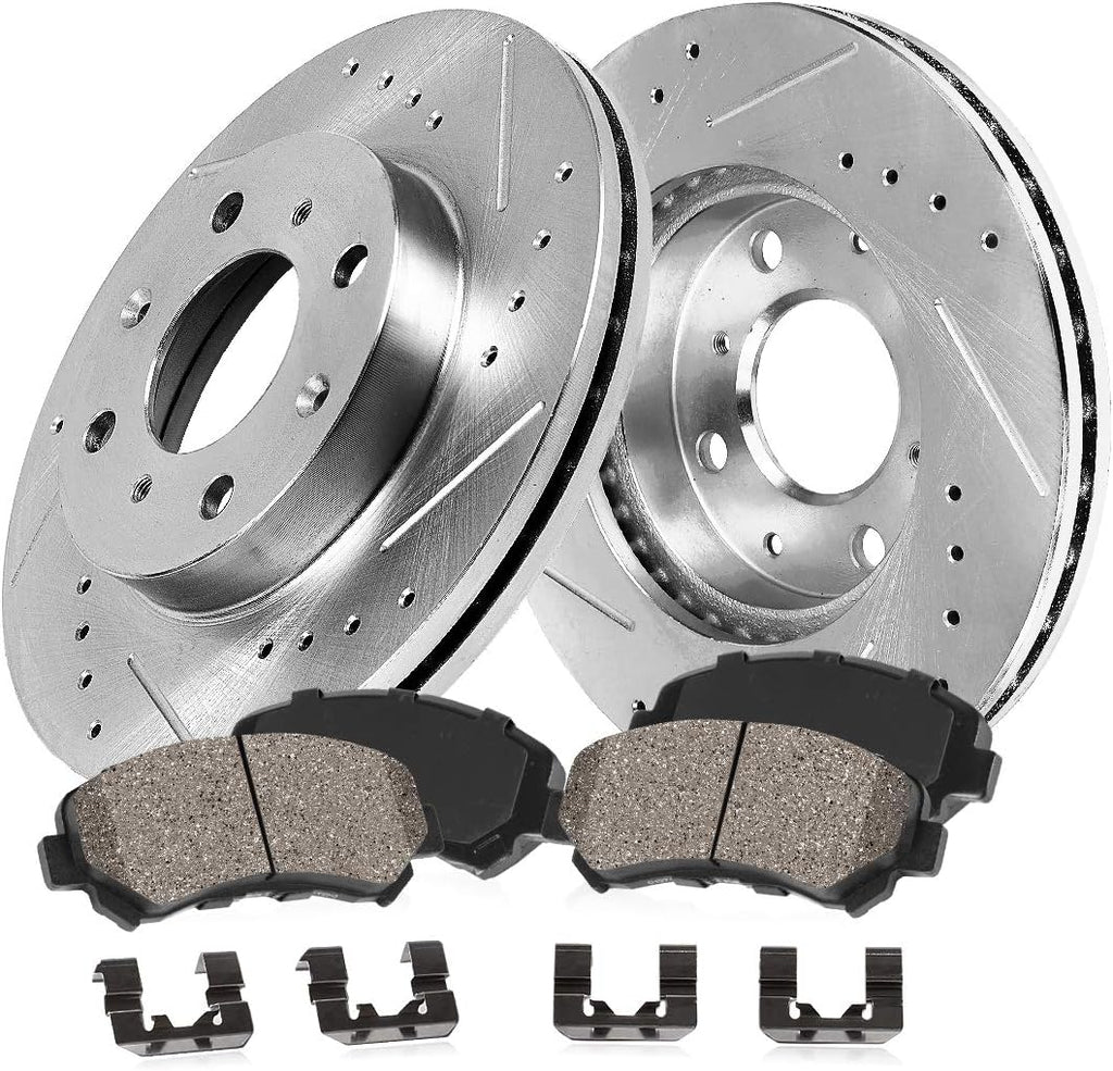 280mm Drilled & Slotted 4 Lug Rotors + Ceramic Brake Pads + Clips Z989