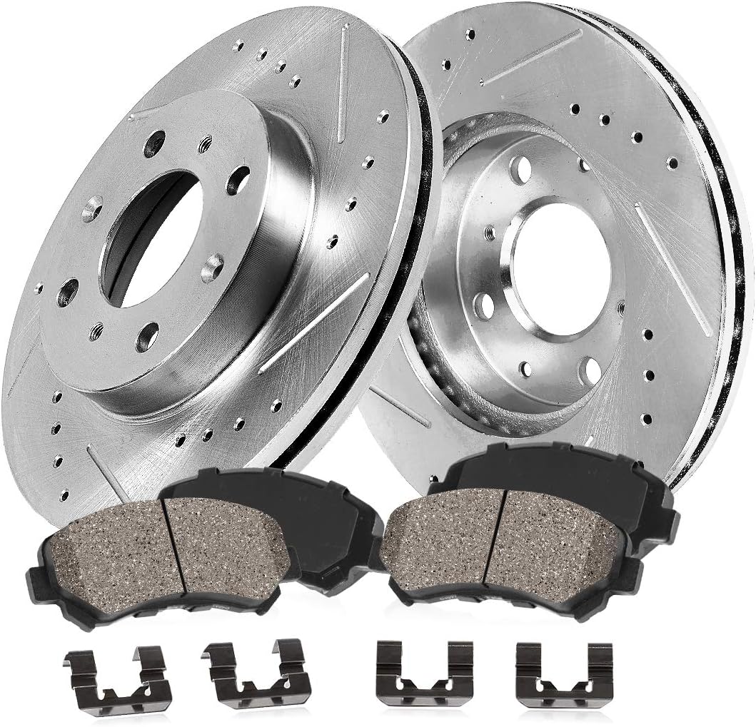 280mm Drilled & Slotted 4 Lug Rotors + Ceramic Brake Pads + Clips Z989