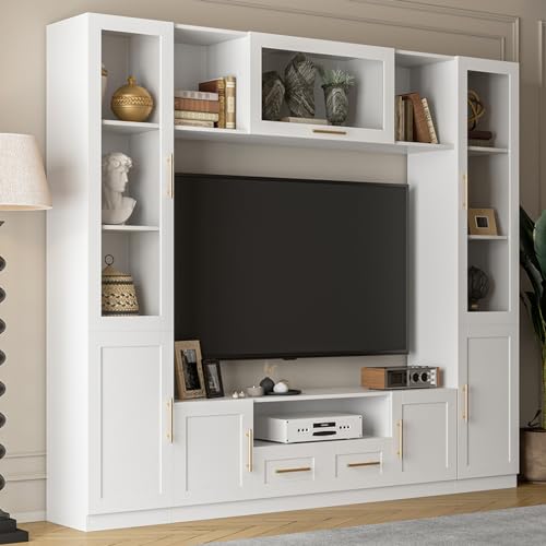 White TV Stand with Glass Doors & Shelves J3337