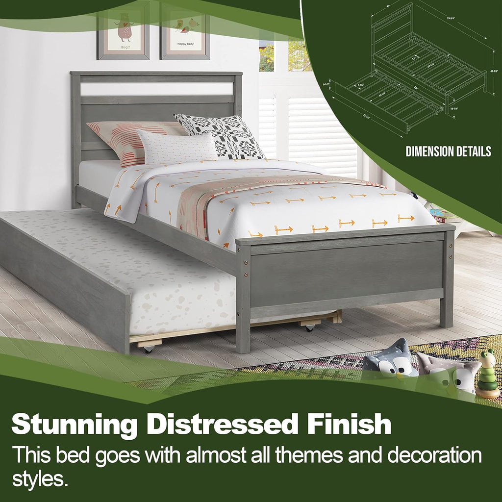 Twin Daybed with Trundle Pine Wood Bed Frame O896362