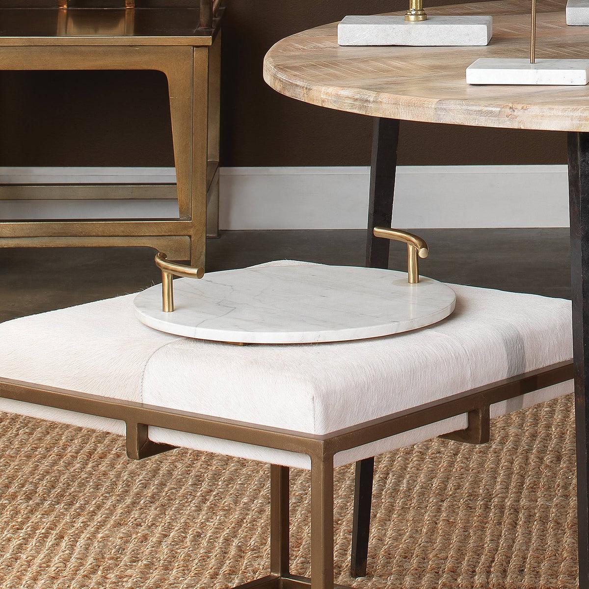 Round White Marble Brass Tray P795