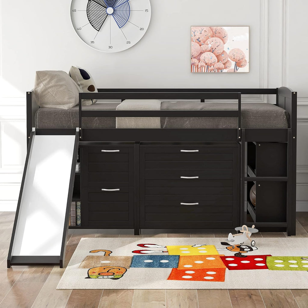 Twin Low Loft Bed with Desk and Cabinet Wooden Bed Frame X9988
