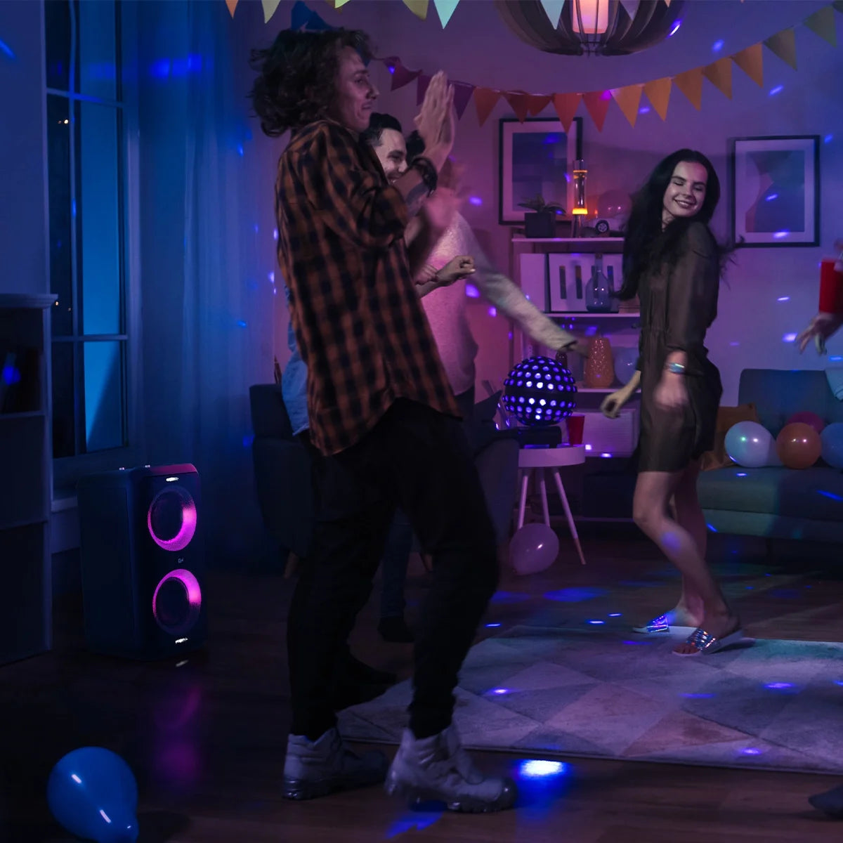 Bluetooth Wireless Party Speaker with Wired Microphone, RGB Lighting, Guitar Input, IPX4 Splash Resistance E5854