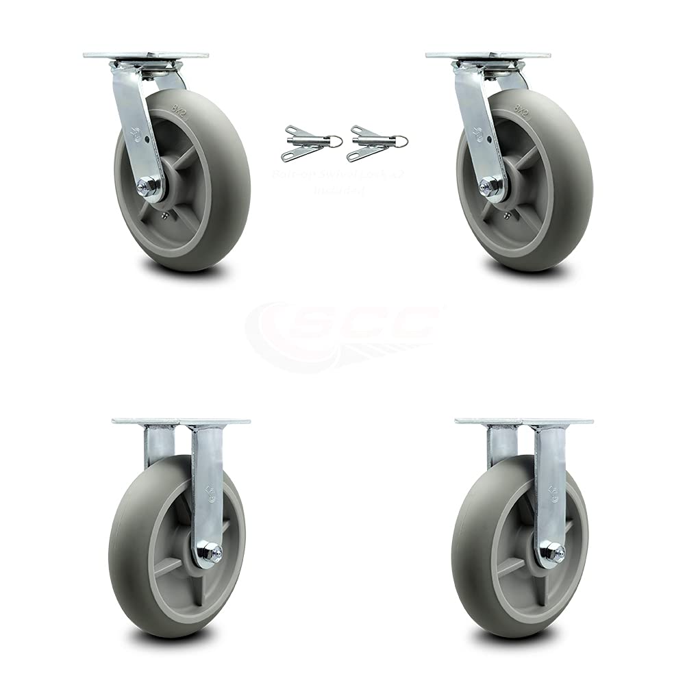 Housekeeping Cart Rigid Caster, 8 Inch Gray Non-Marking Thermoplastic Rubber Wheel, Pack of 2 S4852