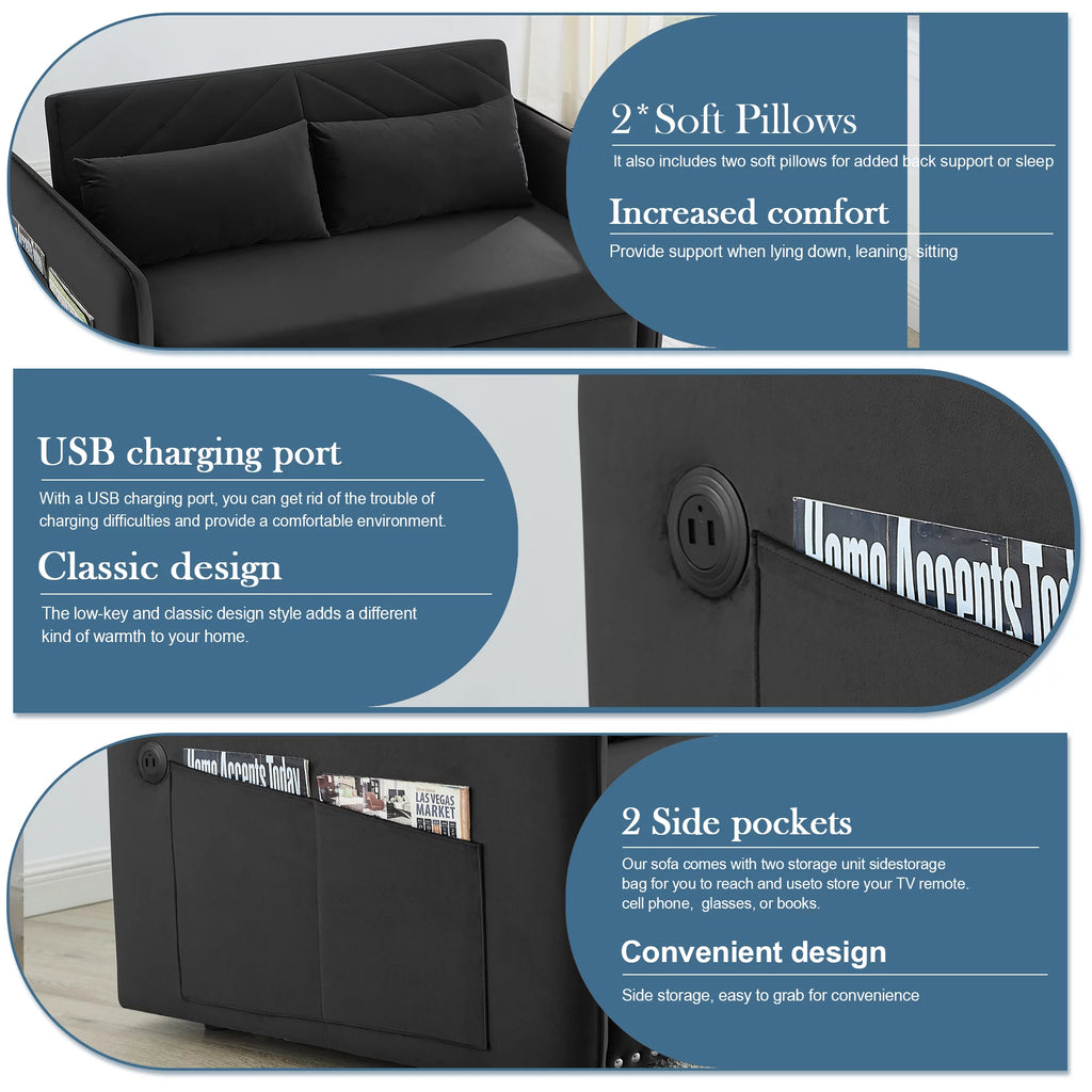 55" Black Velvet Convertible Sleeper Sofa with USB Ports E139313