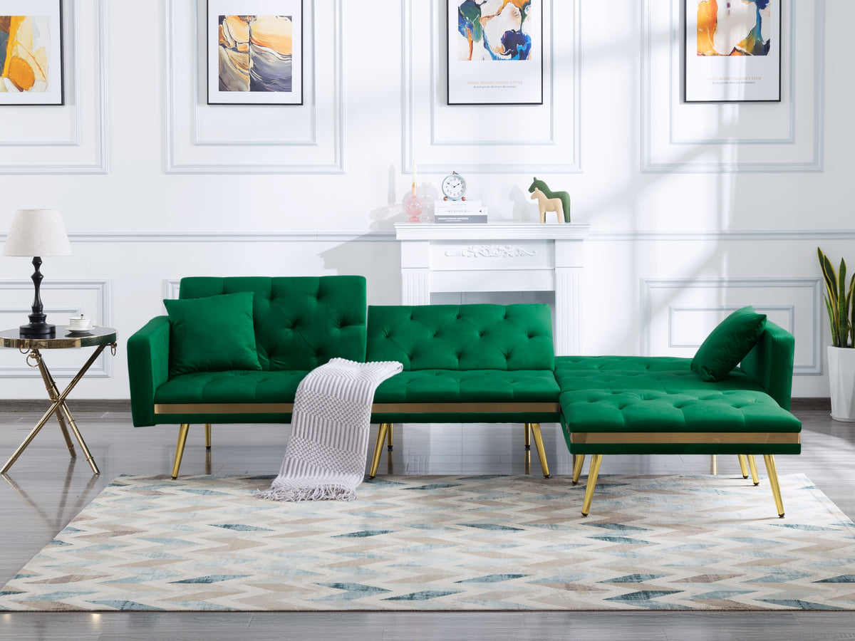 Dark Green Velvet Sectional Sleeper Sofa Bed with Ottoman J810531