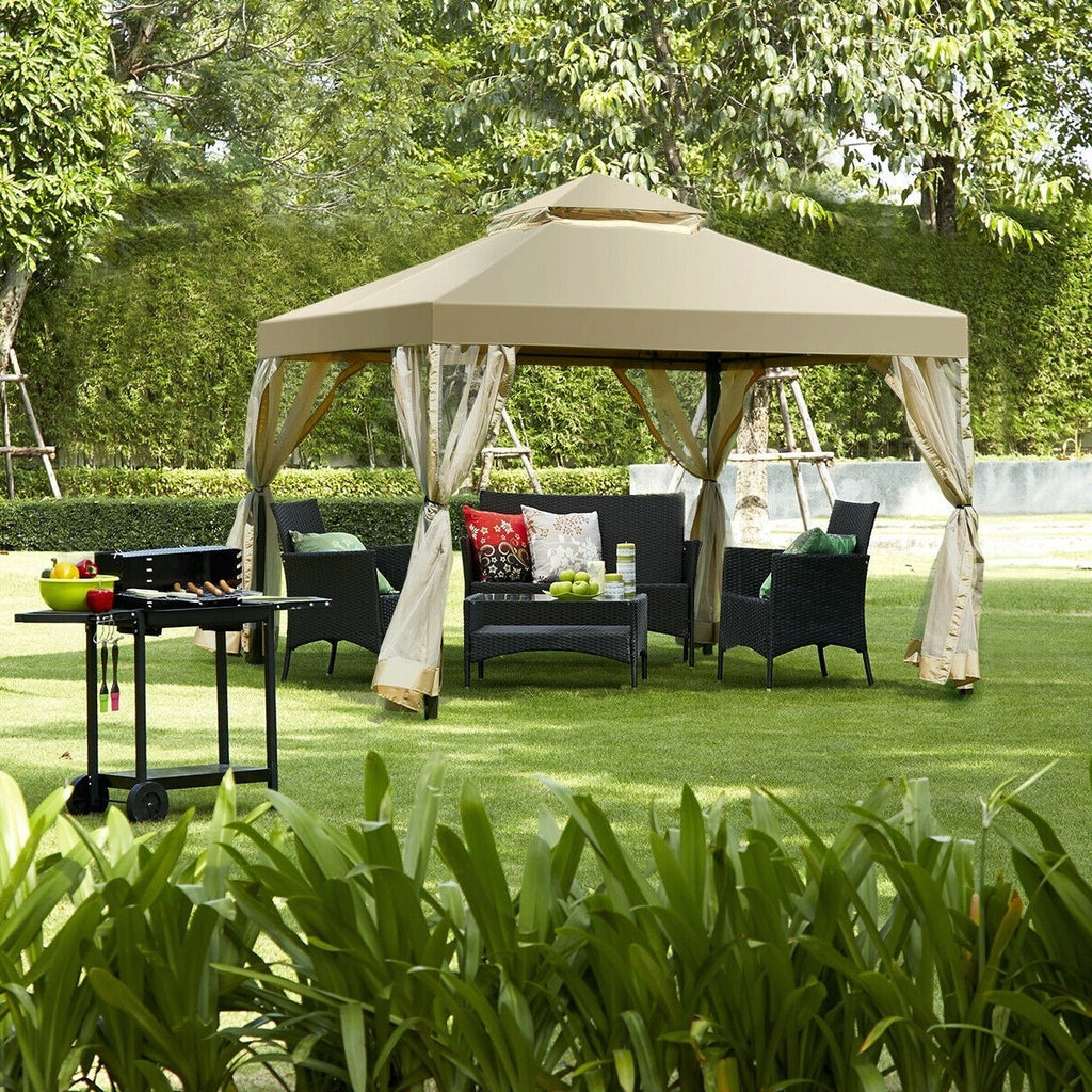 Tan Brown Polyester Gazebo with Mesh Side Walls Q2679