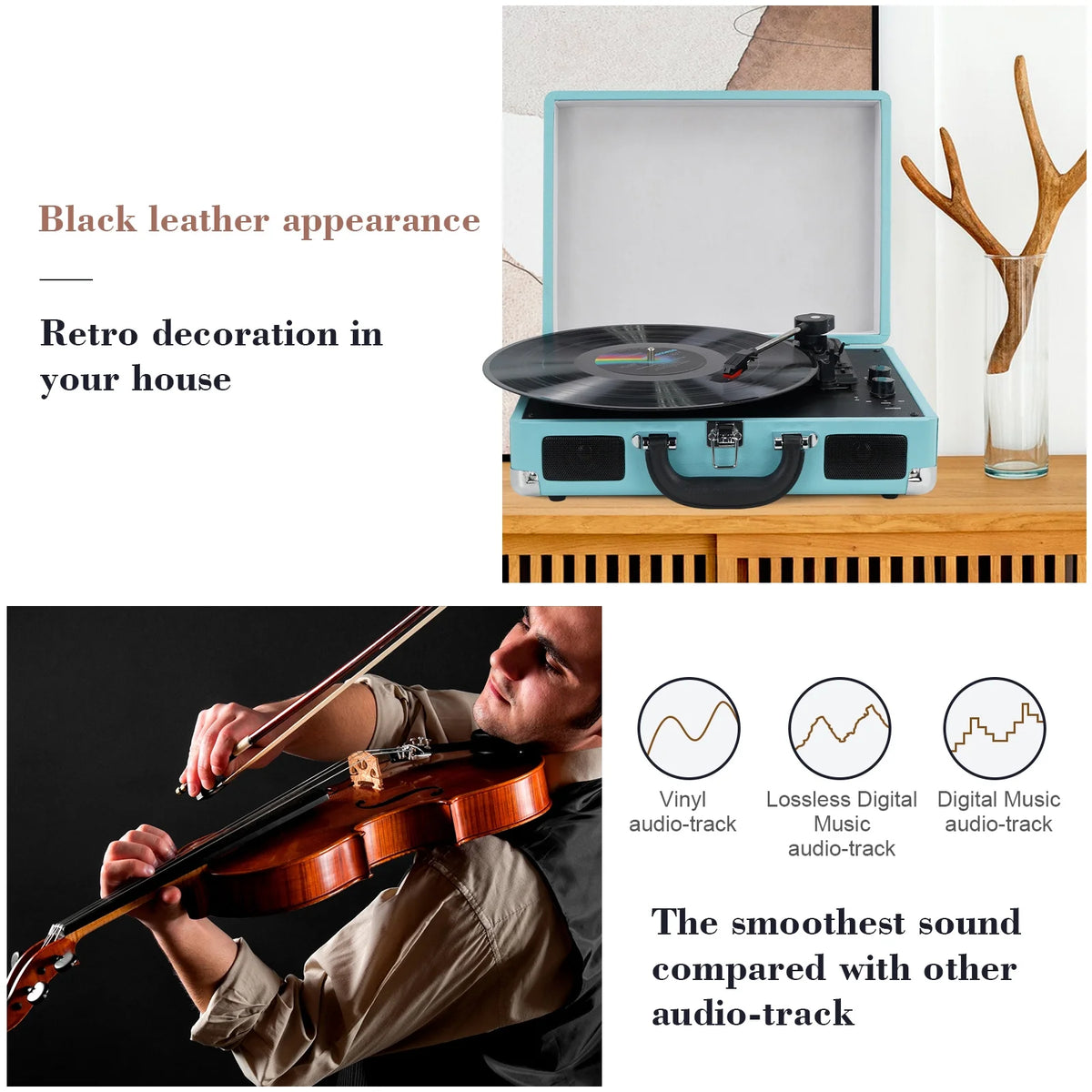 Bluetooth Record Player Turntable with Built-in Stereo Speakers, Suitcase Design - Blue U579309
