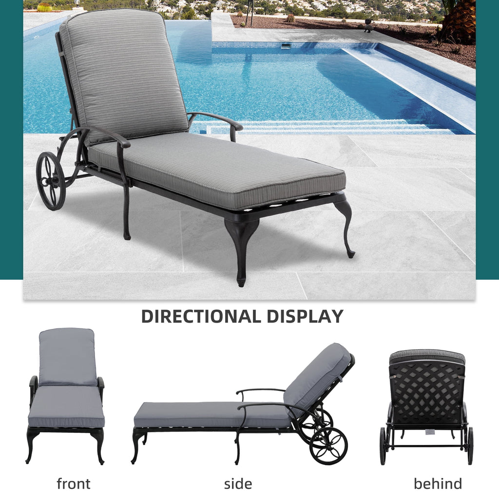 Outdoor Chaise Lounge Chair Cast Aluminum with Wheels and Adjustable Reclining P67542