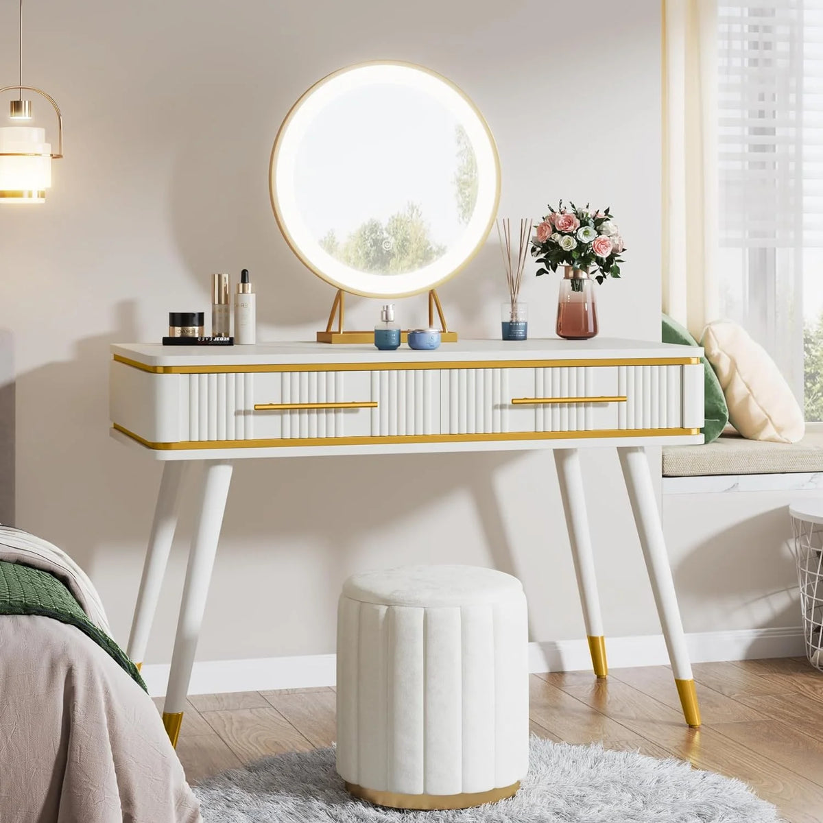 47" White Makeup Vanity Desk with 2 Drawers Y3297