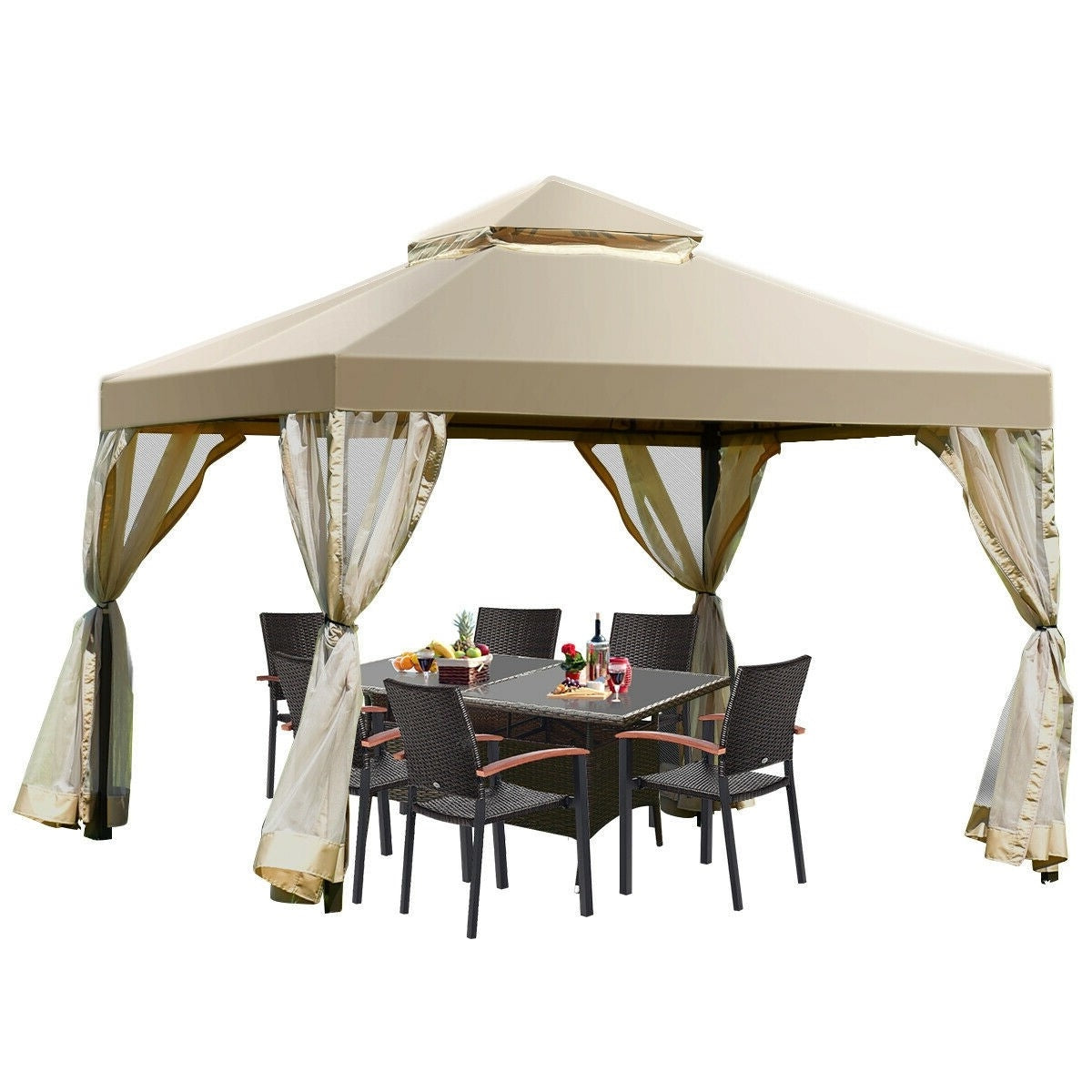 Tan Brown Polyester Gazebo with Mesh Side Walls Q2679
