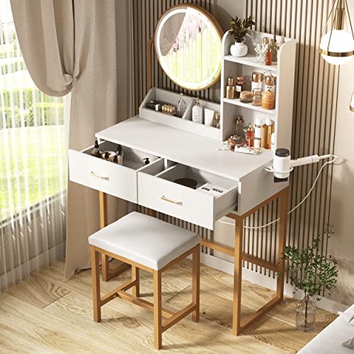 Brown Makeup Vanity Desk with Round Mirror and Lights, 2 Drawers M131330