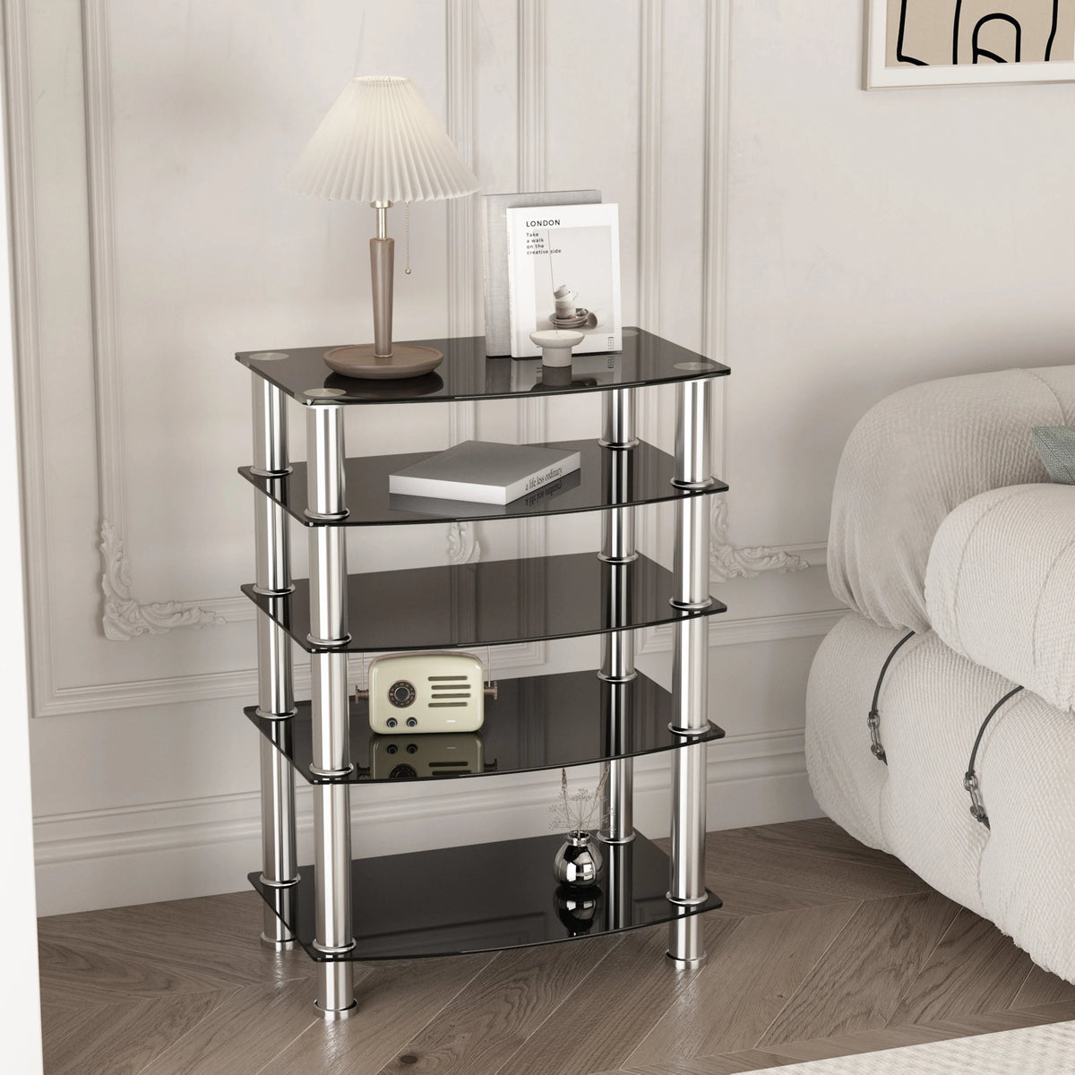 5-Tier Black Tempered Glass Side Table V90640