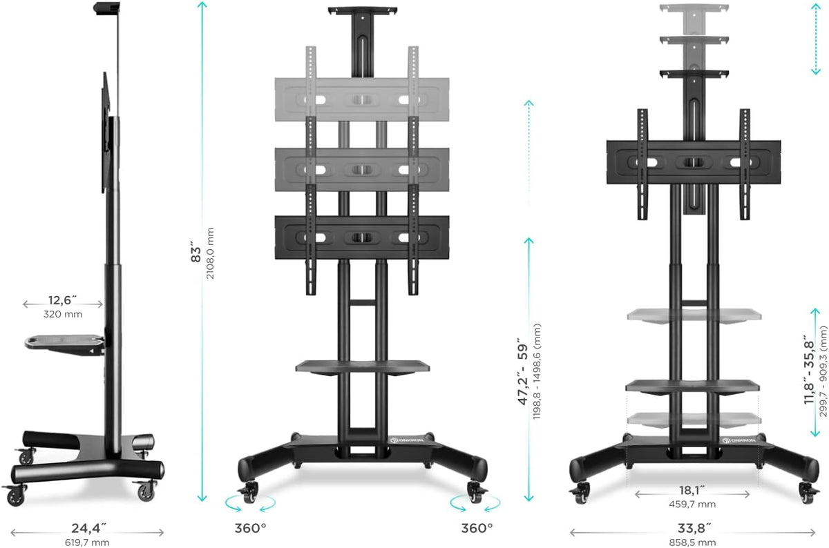 Black Mobile TV Stand with Wheels Shelves Height Adjustable T29132