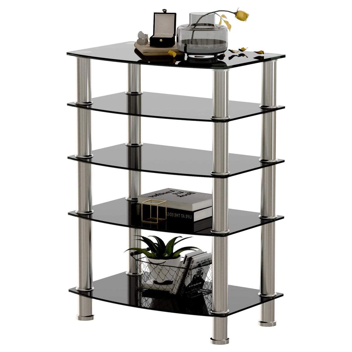 5-Tier Black Tempered Glass Side Table V90640