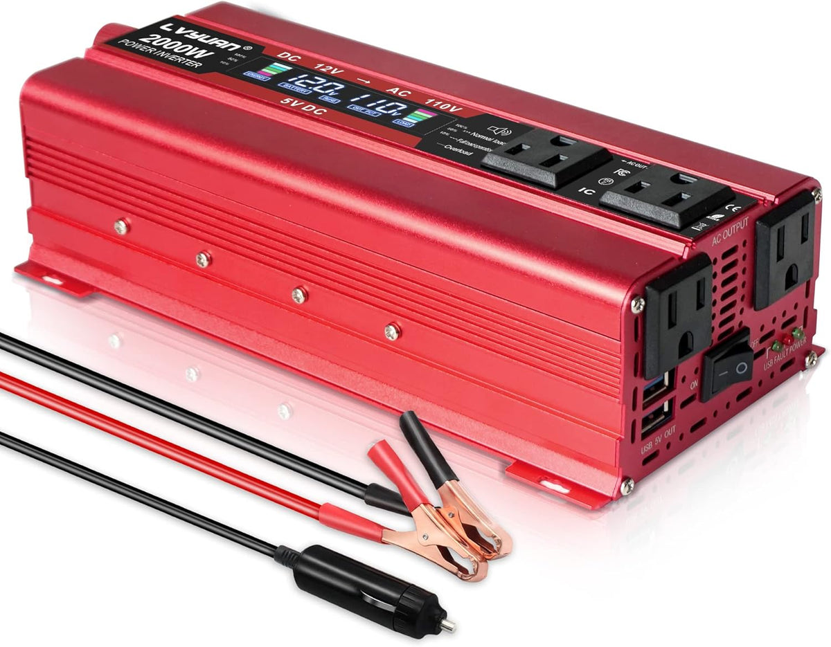 1000W/2000W Peak Car Power Inverter DC 12V to 110V AC Converter with LCD Display Dual AC Outlets Dual USB, Pack of 2 M342058