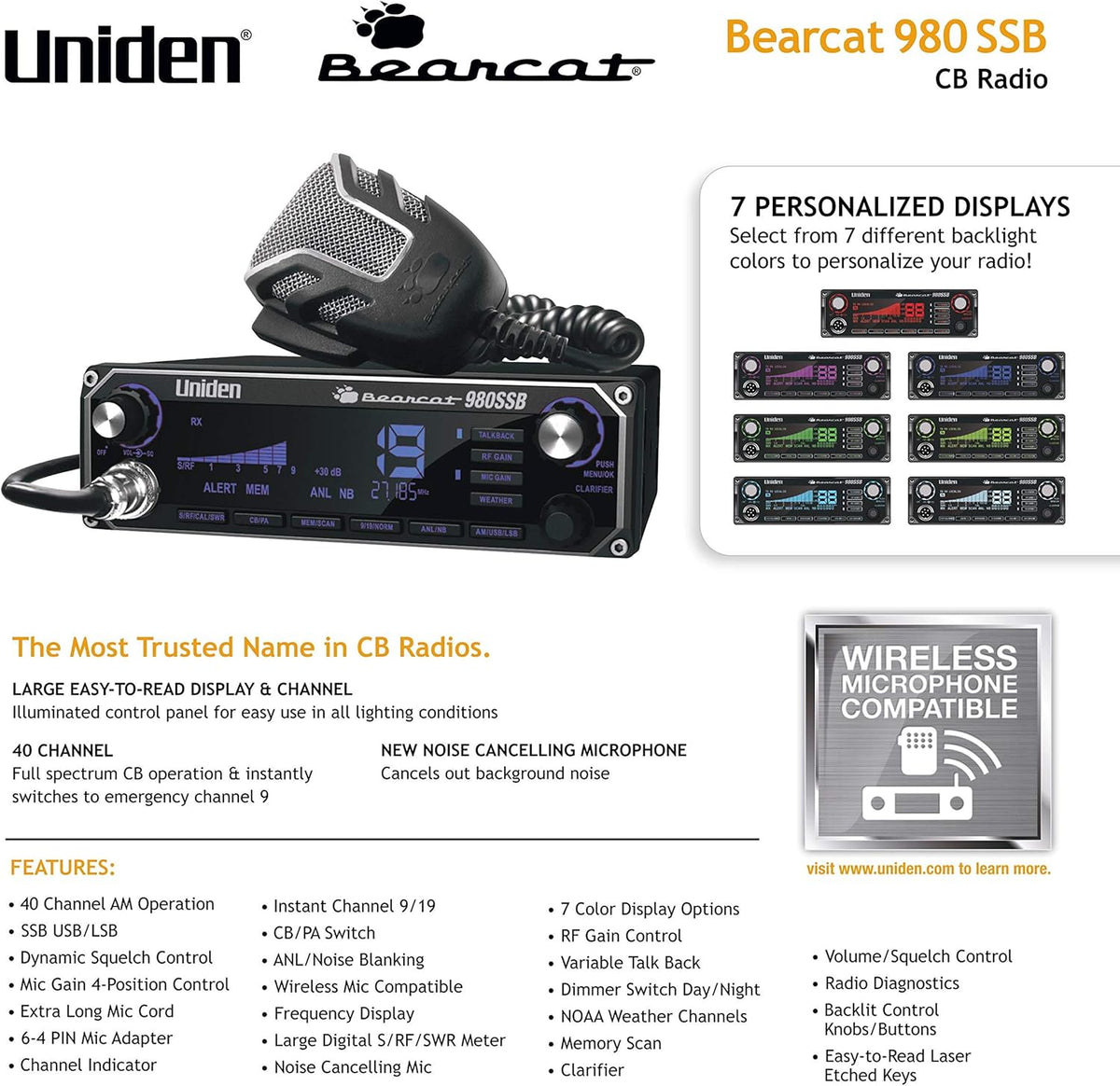 40-Channel SSB CB Radio with NOAA WeatherBand, 7-Color Digital Display, Noise Cancelling Mic K1856