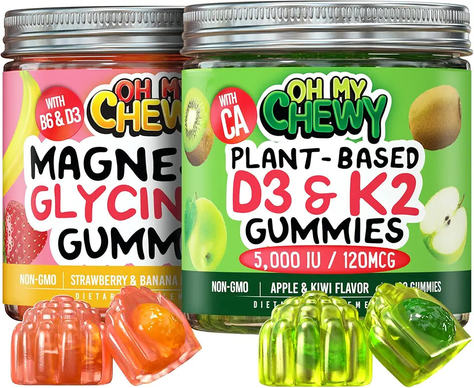 Magnesium + D3K2 Gummies Bundle - 2 Bottles (60 Each) - Strawberry Banana & Apple Kiwi J7312