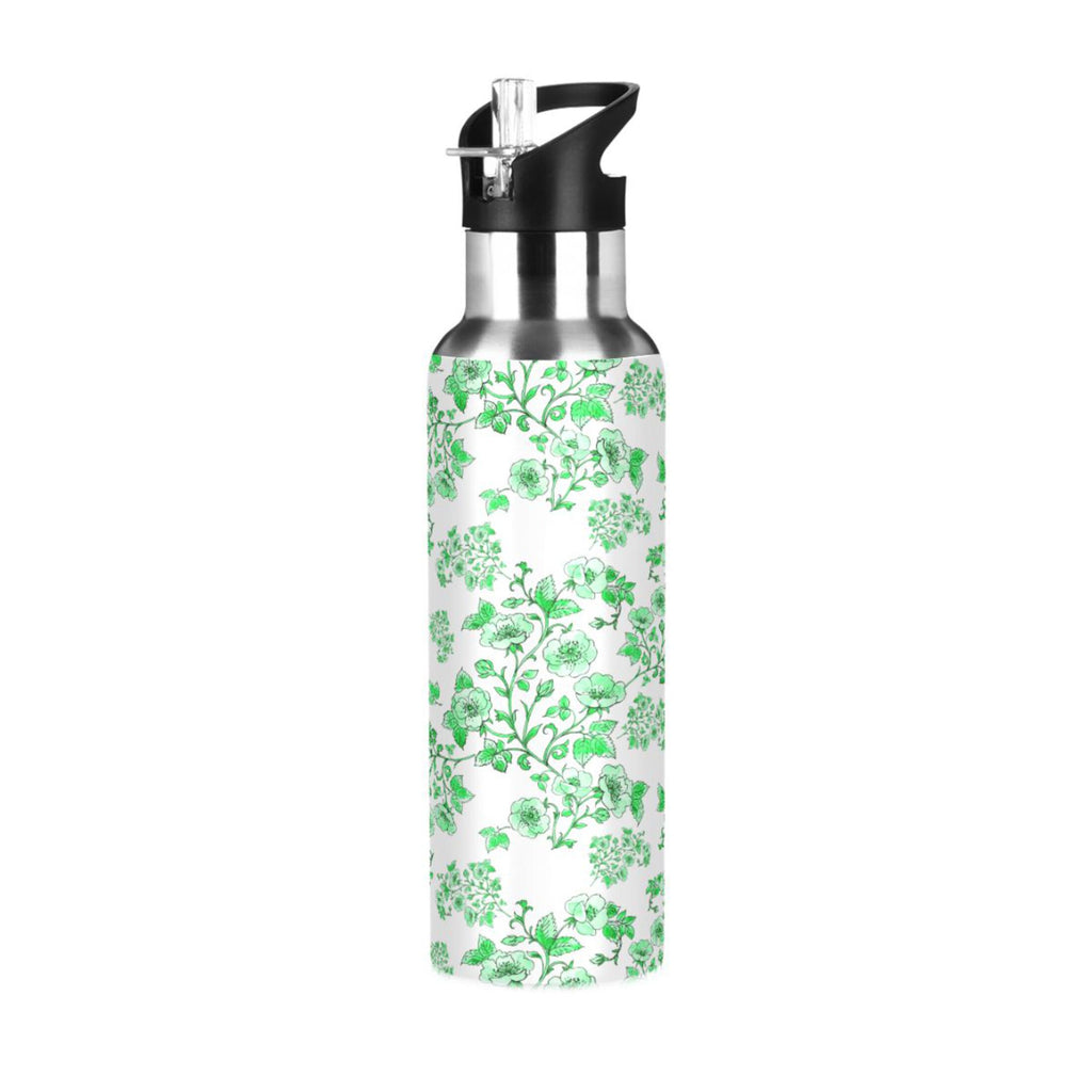 Green Peony Floral Stainless Steel Insulated Water Bottle with Straw Lid P5970
