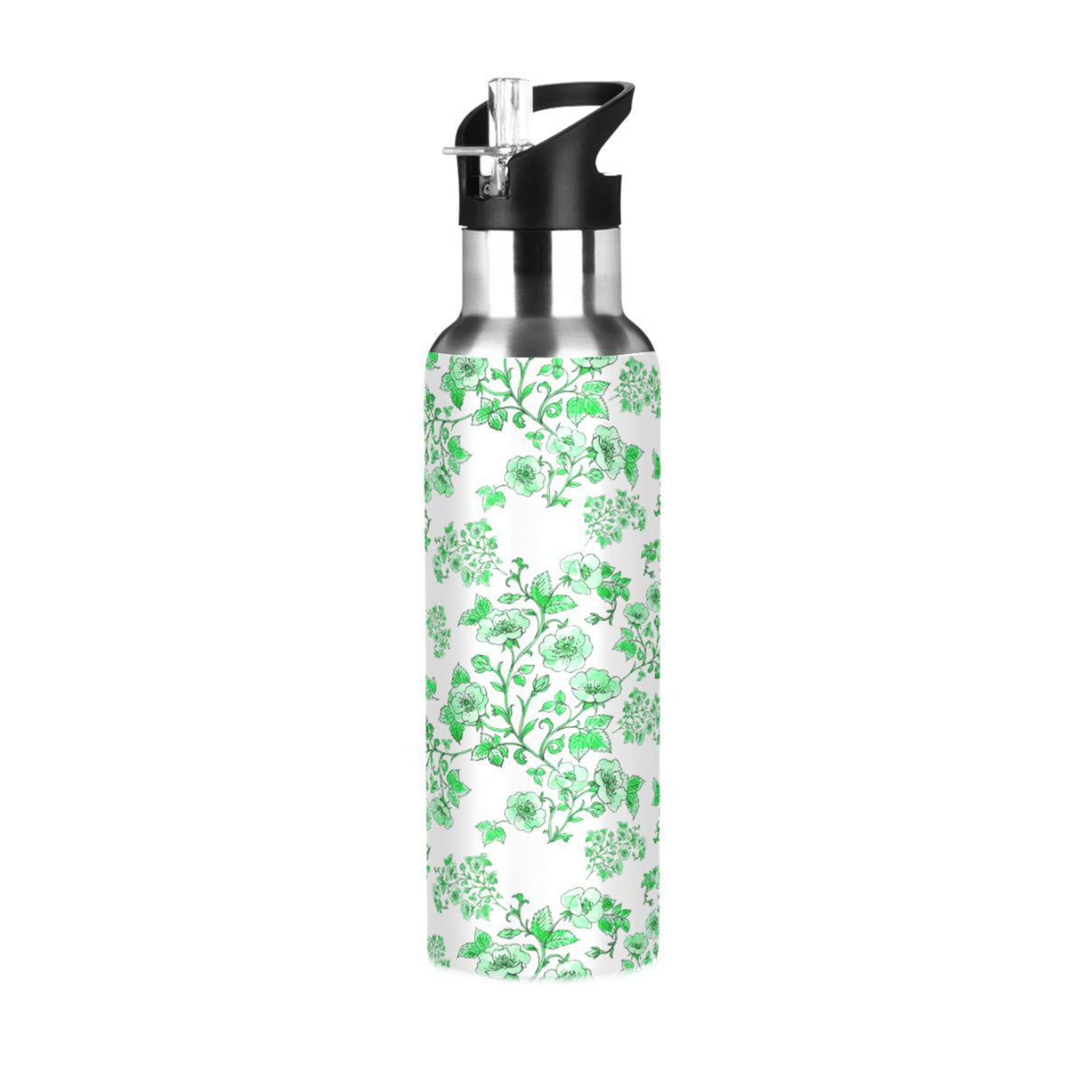 Green Peony Floral Stainless Steel Insulated Water Bottle with Straw Lid P5970