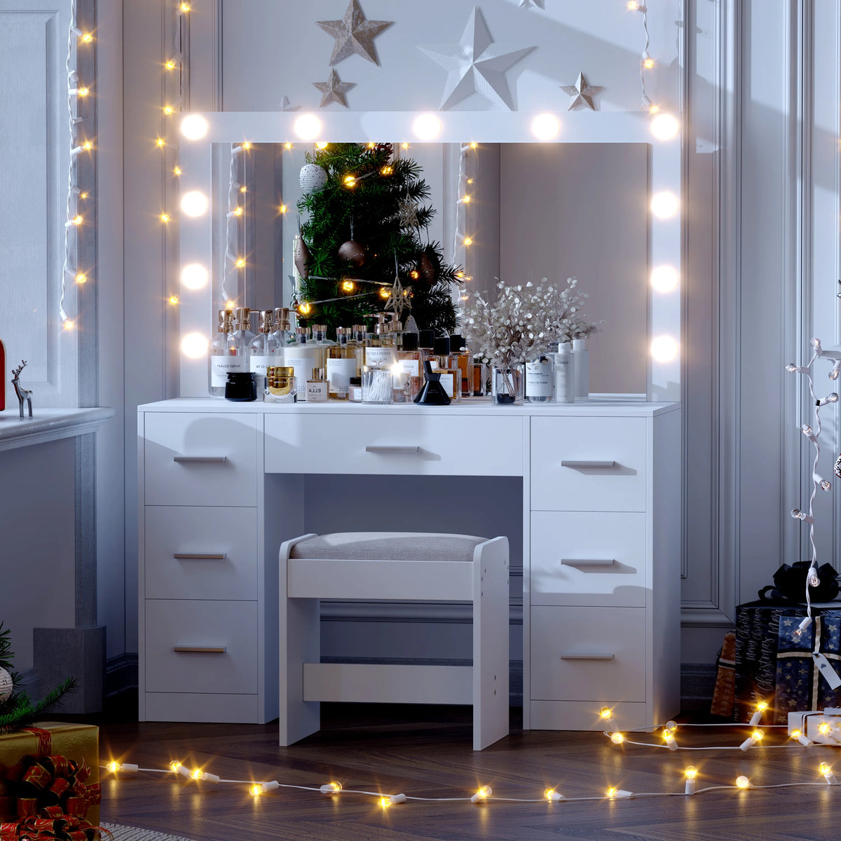 Vanity Desk Set with Lighted Mirror & Stool P510842