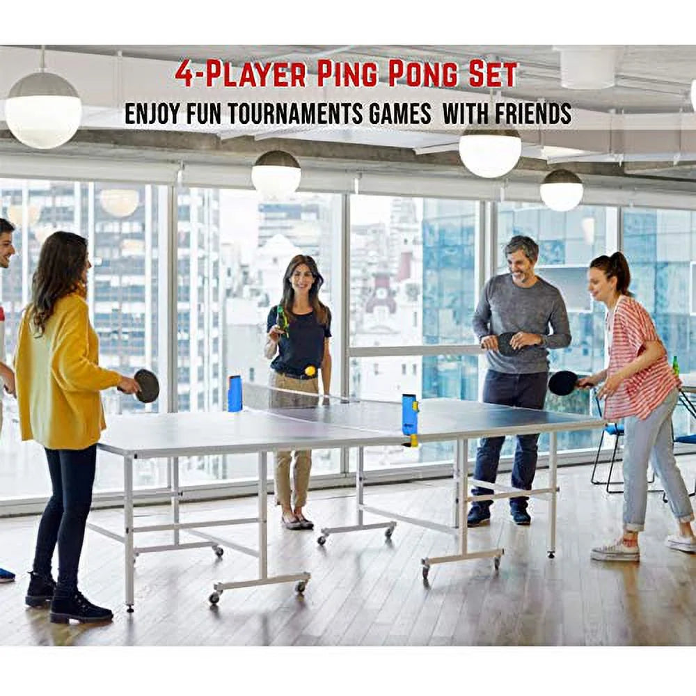 4 Professional Table Tennis Rackets, Retractable Net, 6 Balls, Carry Case F7038