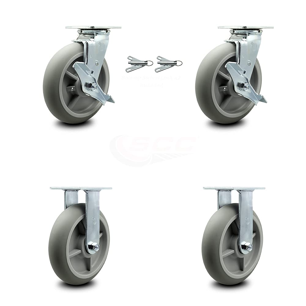 Housekeeping Cart Rigid Caster, 8 Inch Gray Non-Marking Thermoplastic Rubber Wheel, Pack of 2 S4852