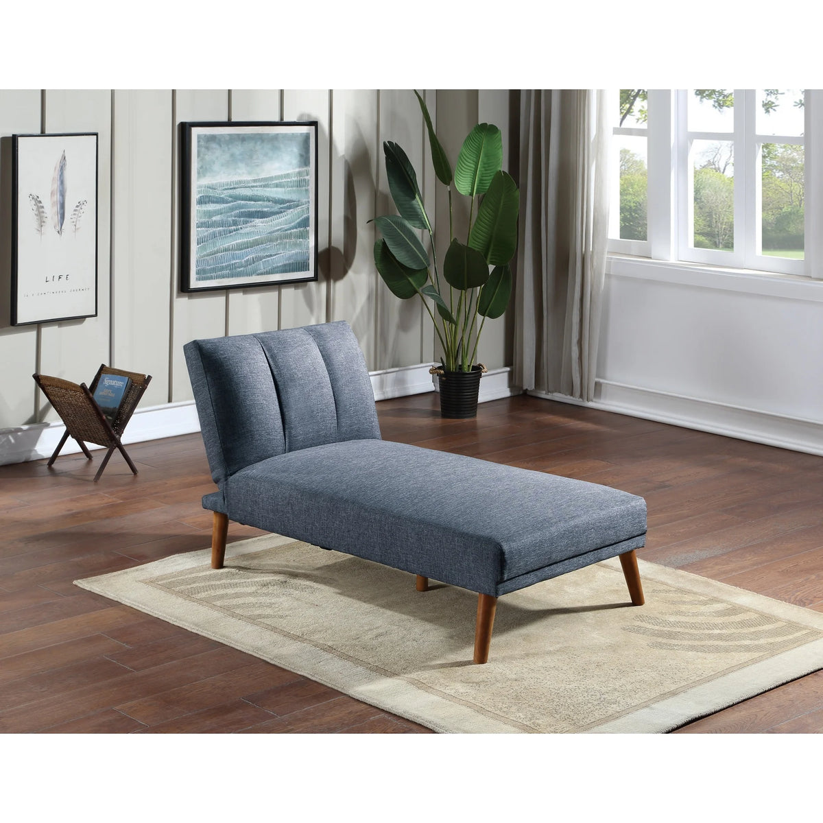 Blue Grey Polyfiber Adjustable Chaise Bed Solid Wood Legs Plush Couch W5913