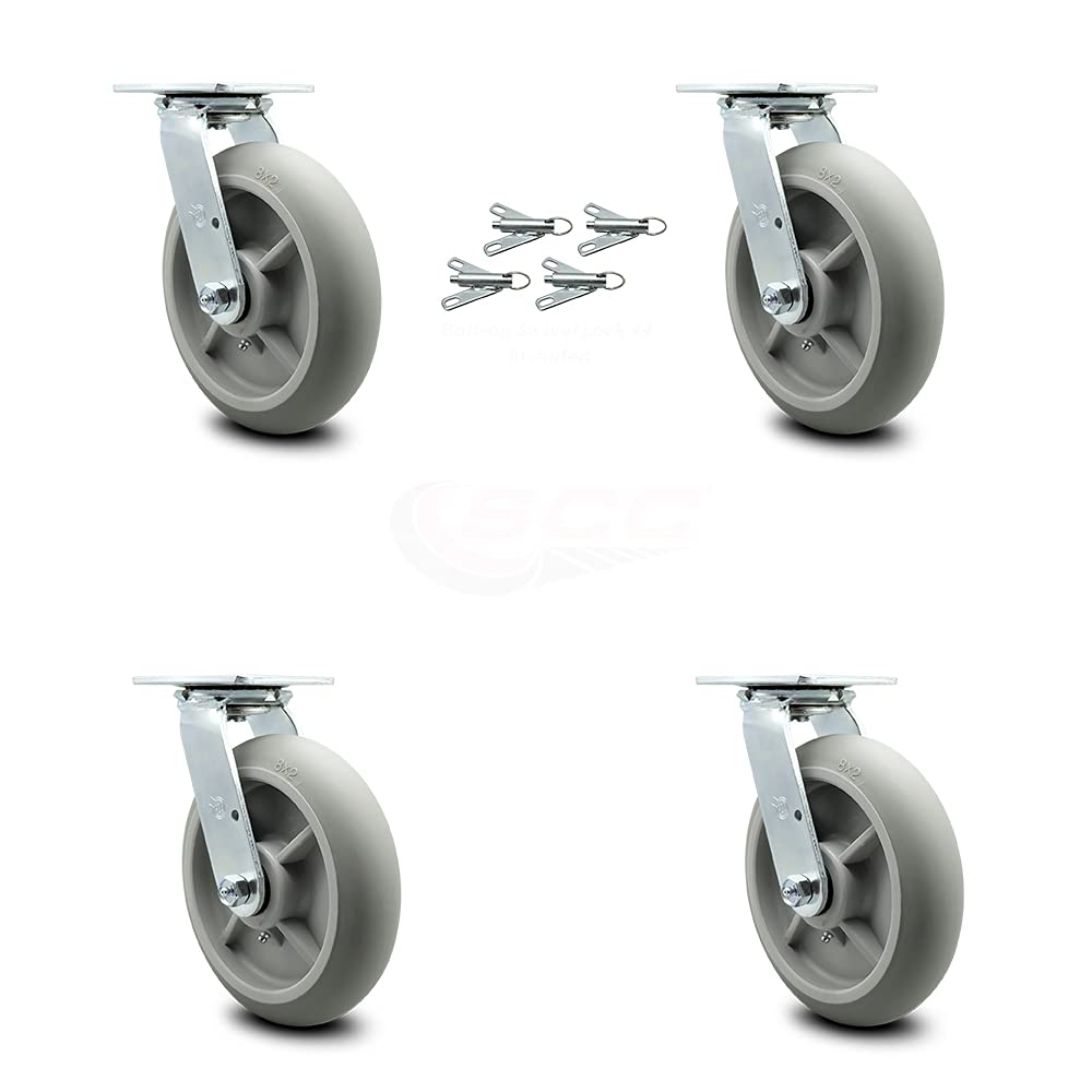 Housekeeping Cart Rigid Caster, 8 Inch Gray Non-Marking Thermoplastic Rubber Wheel, Pack of 2 S4852