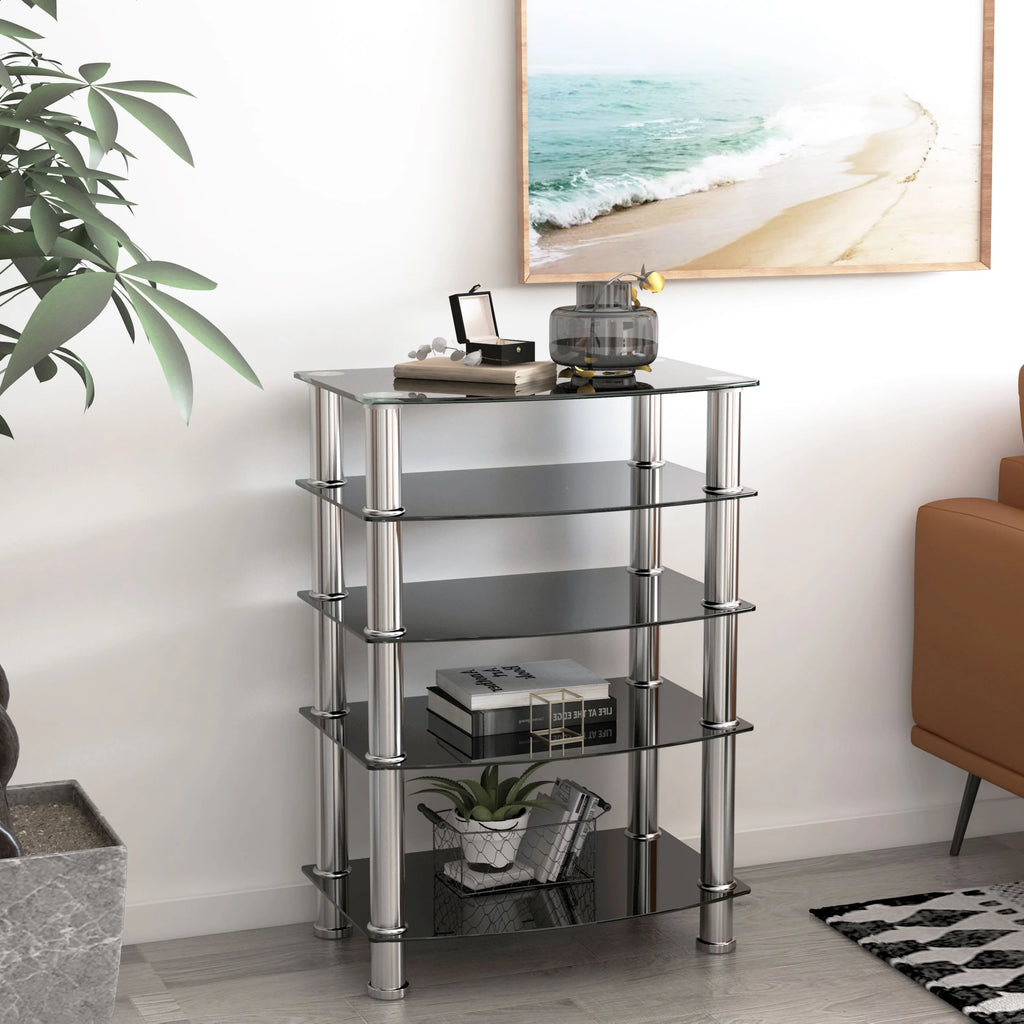 5-Tier Black Tempered Glass Side Table V90640