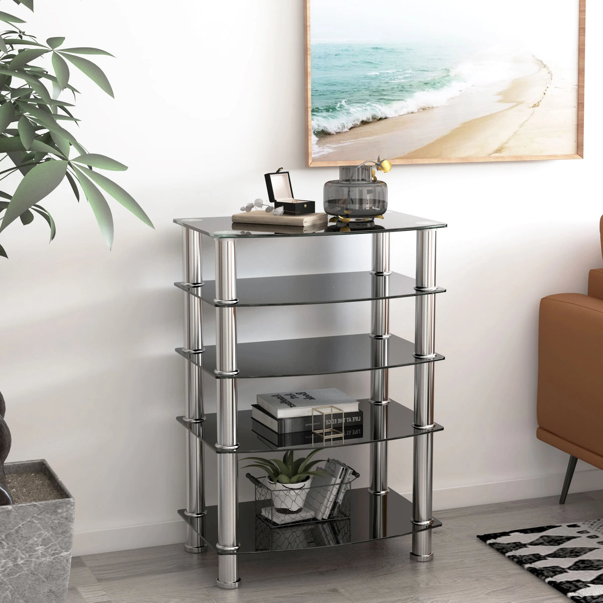 5-Tier Black Tempered Glass Side Table V90640