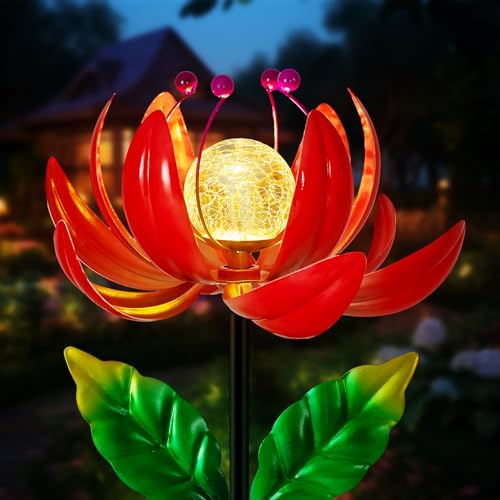 Solar Garden Lights Metal Flower Decor LED Cracked Crystal Ball Outdoor Stake Lighting C79167