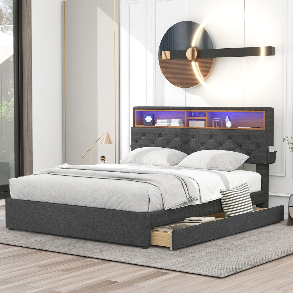 Upholstered Full Platform Bed with Shelf and 2 Drawers X269048