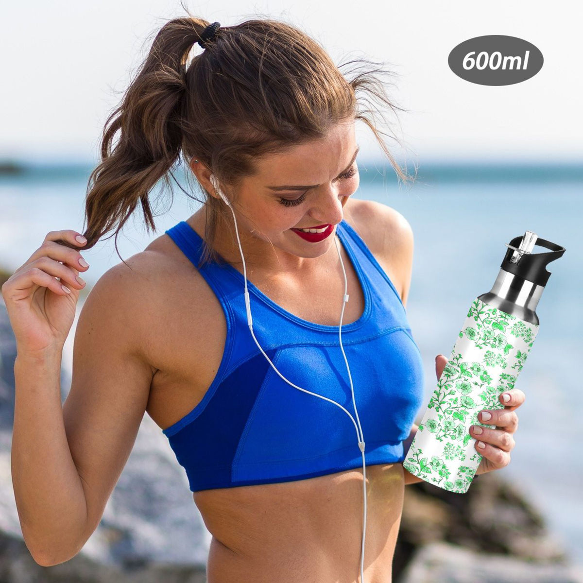 Green Peony Floral Stainless Steel Insulated Water Bottle with Straw Lid P5970
